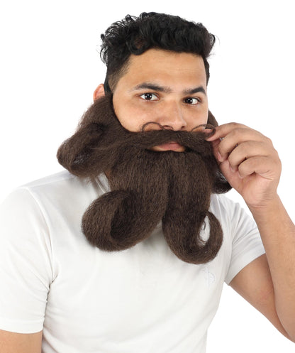 Adult Men's Curled Handlebar Mustache & Beard | Dark Mustache & Beard| Ideal for Halloween, Cosplay, Theater, Drag And Themed Parties