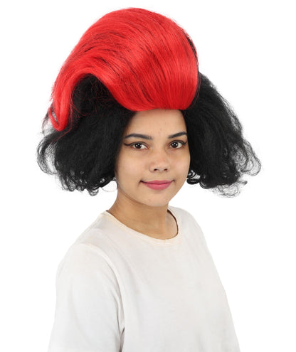 Adult Women’s Long Curly Black & Red Retro Wig | Flame-Retardant Costume Wig with Breathable Cap | Ideal for Halloween, Cosplay & Themed Events