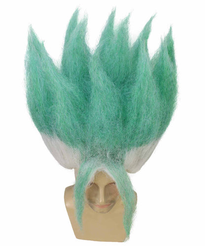 HPO Women's Spiky Anime Wig with Tall Upright Layers & Long Front Strands - White & Sea Green Spiky Wig with Long Front Strands Synthetic Fiber and Breathable Capless Cap for Halloween Cosplay Events