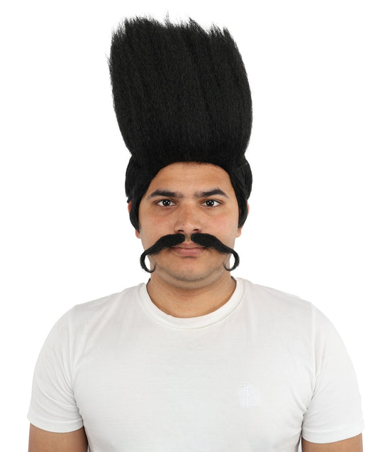 HPO Adult Men's Tall Flat Top Wig and Mustache | Vertical Dark Pompadour with Long Handlebar Facial Hair, Synthetic Fiber & Breathable Net | Halloween, Carnival, Stage Performance & Roleplay