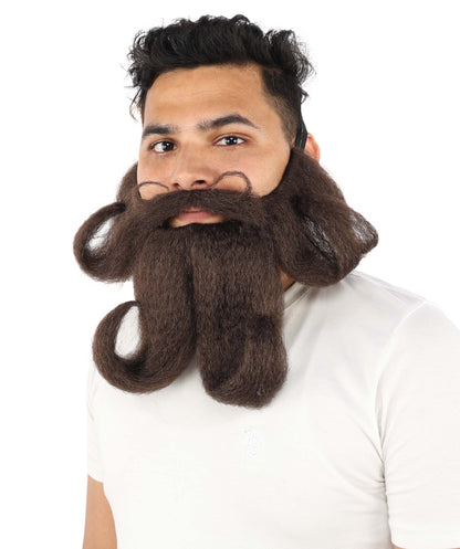 Adult Men's Curled Handlebar Mustache & Beard | Dark Mustache & Beard| Ideal for Halloween, Cosplay, Theater, Drag And Themed Parties
