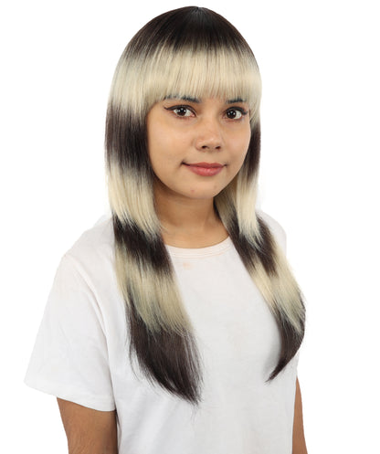 HPO Layered Straight Ombre Wig - Dark Brown and Dark Blonde Hair with Bangs - Stylish Gradient Hairpiece for Cosplay, Parties, Events & Halloween