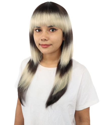 HPO Layered Straight Ombre Wig - Dark Brown and Dark Blonde Hair with Bangs - Stylish Gradient Hairpiece for Cosplay, Parties, Events & Halloween