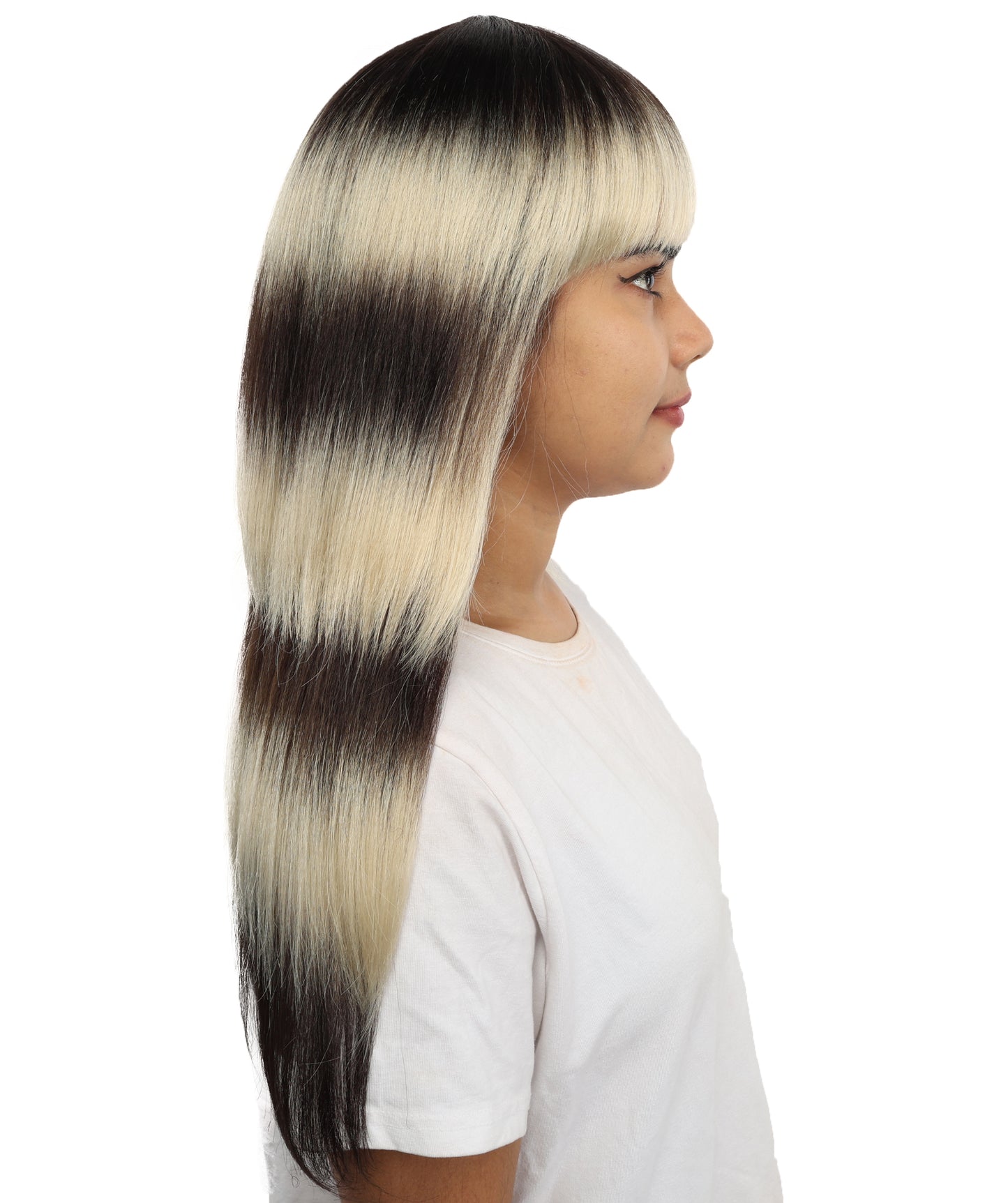 HPO Layered Straight Ombre Wig - Dark Brown and Dark Blonde Hair with Bangs - Stylish Gradient Hairpiece for Cosplay, Parties, Events & Halloween