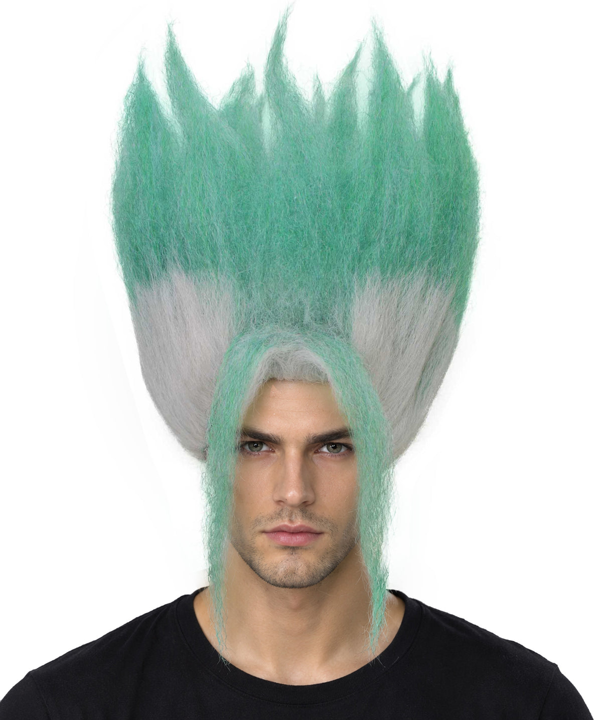HPO Women's Spiky Anime Wig with Tall Upright Layers & Long Front Strands - White & Sea Green Spiky Wig with Long Front Strands Synthetic Fiber and Breathable Capless Cap for Halloween Cosplay Events