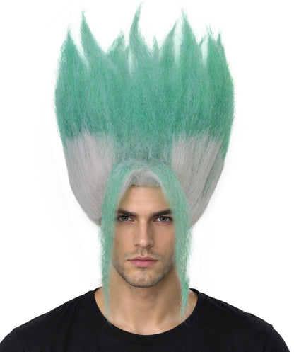 HPO Women's Spiky Anime Wig with Tall Upright Layers & Long Front Strands - White & Sea Green Spiky Wig with Long Front Strands Synthetic Fiber and Breathable Capless Cap for Halloween Cosplay Events