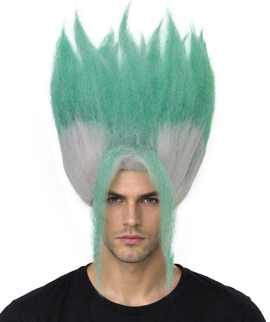 HPO Women's Spiky Anime Wig with Tall Upright Layers & Long Front Strands - White & Sea Green Spiky Wig with Long Front Strands Synthetic Fiber and Breathable Capless Cap for Halloween Cosplay Events