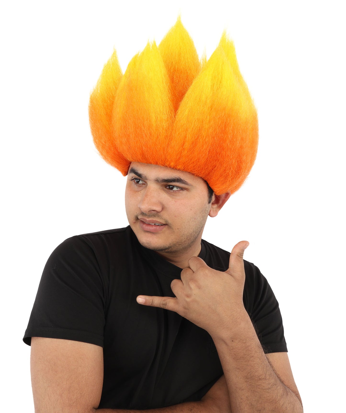 HPO Men's Red and Orange Flame Wig | Upright Spiky Gradient Texture Flame-retardant Synthetic Fiber | Halloween Themed Party Basketball Fan Gear