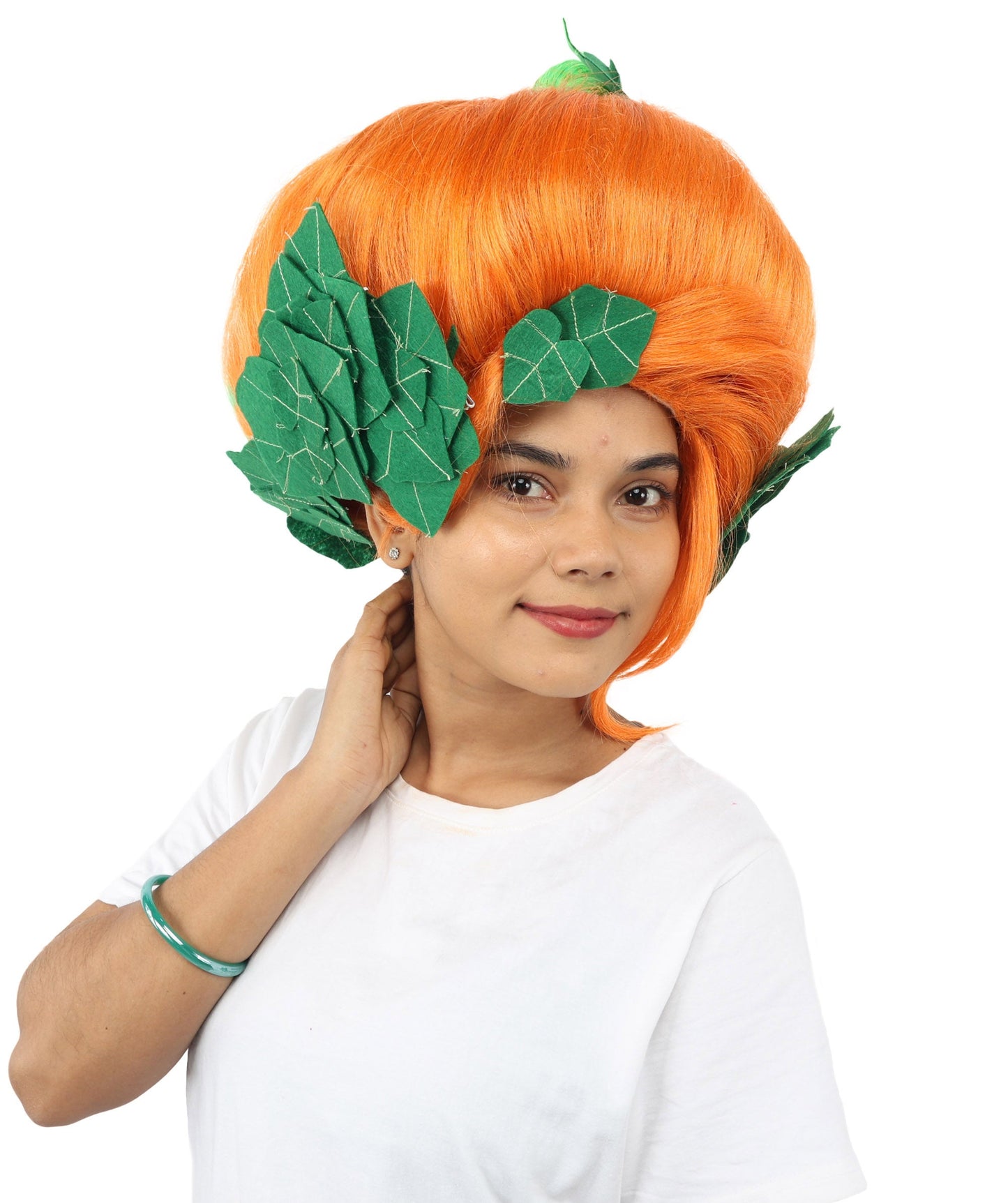 HPO Adult Women's Sculpted Pumpkin Show Wig | Multiple Color Options | Create of synthetic fiber, massive spherical updo with green leaf accents, breathable base | Halloween, theater, drag, performance, party, costume events
