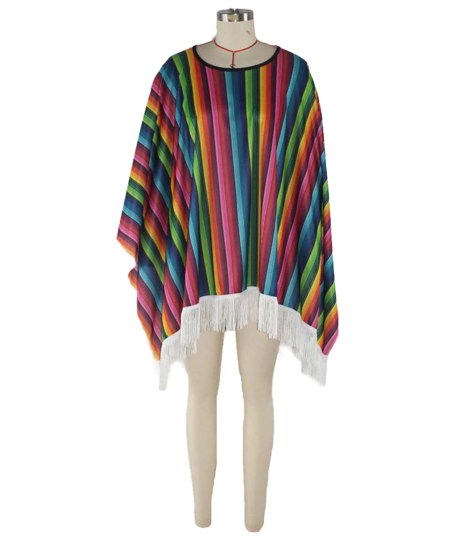 HPO Men's Traditional Serape Outfit | Multicolored Striped Jersey Cape Tassel Fringe Hemline Loose Pullover Layer | Halloween Cosplay Theater Drag Performance Costume Events