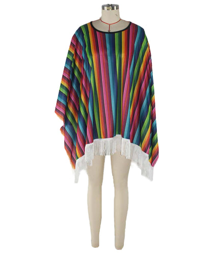 HPO Men's Traditional Serape Outfit | Multicolored Striped Jersey Cape Tassel Fringe Hemline Loose Pullover Layer | Halloween Cosplay Theater Drag Performance Costume Events