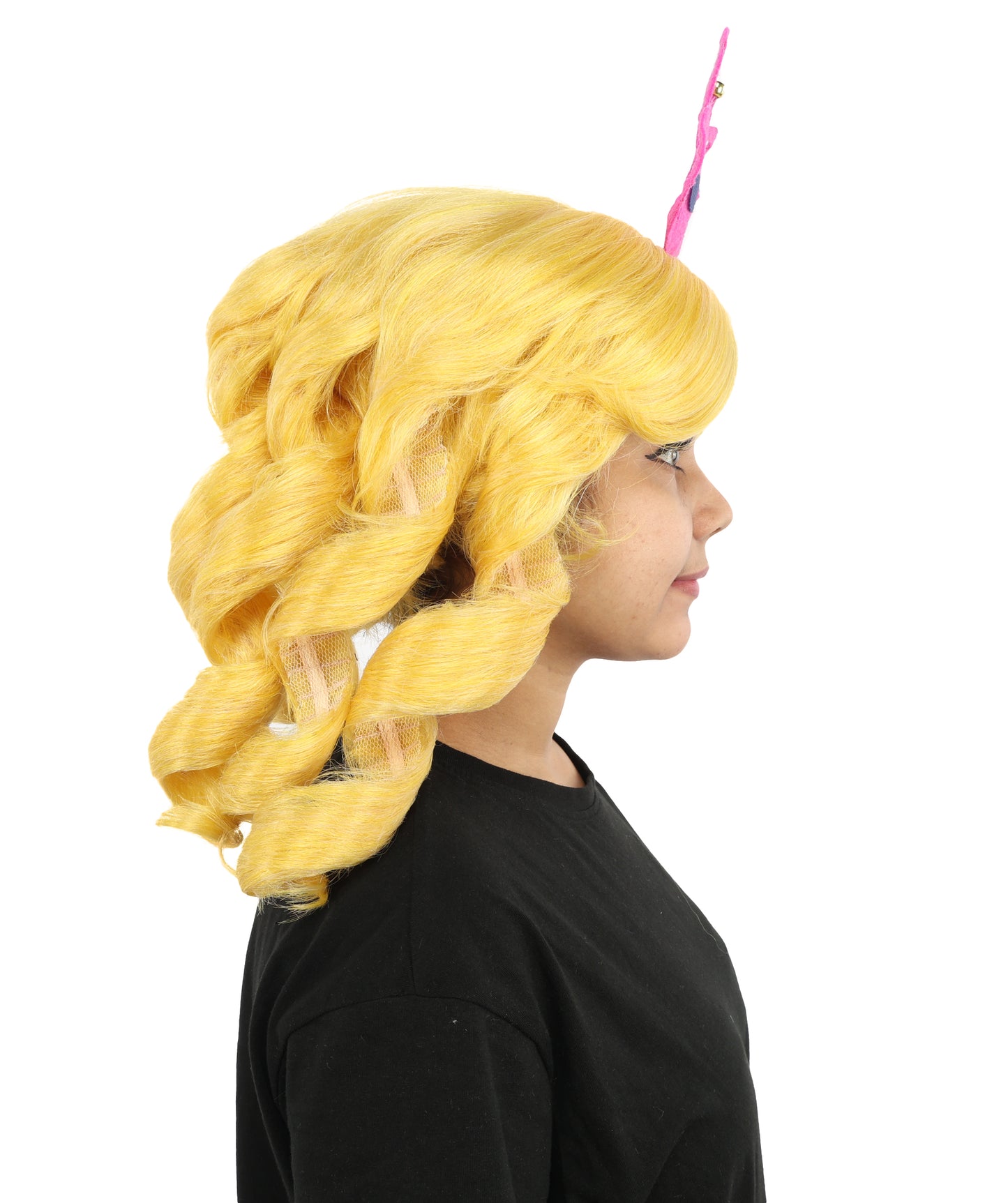 HPO Women's Magical Fairy Princess Wig | 13 Inch Yellow Sausage Curls Pink Tiara | Party Halloween Cosplay Theater Movie Costume Events