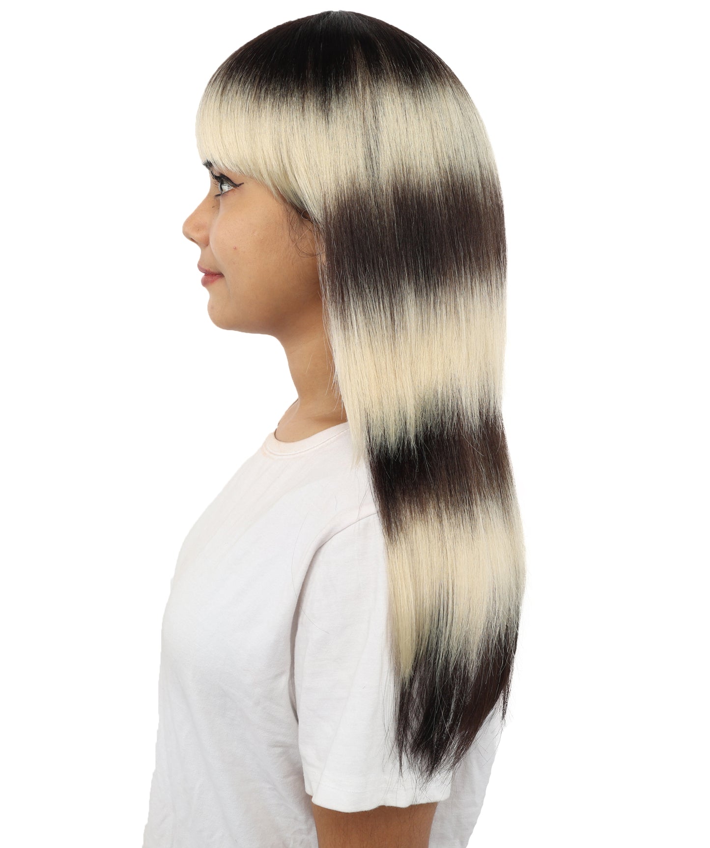 HPO Layered Straight Ombre Wig - Dark Brown and Dark Blonde Hair with Bangs - Stylish Gradient Hairpiece for Cosplay, Parties, Events & Halloween