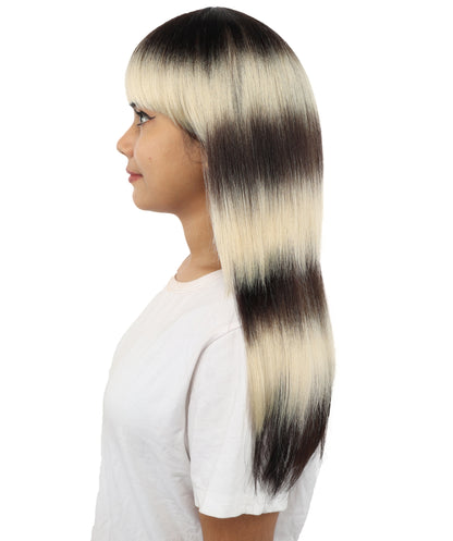 HPO Layered Straight Ombre Wig - Dark Brown and Dark Blonde Hair with Bangs - Stylish Gradient Hairpiece for Cosplay, Parties, Events & Halloween