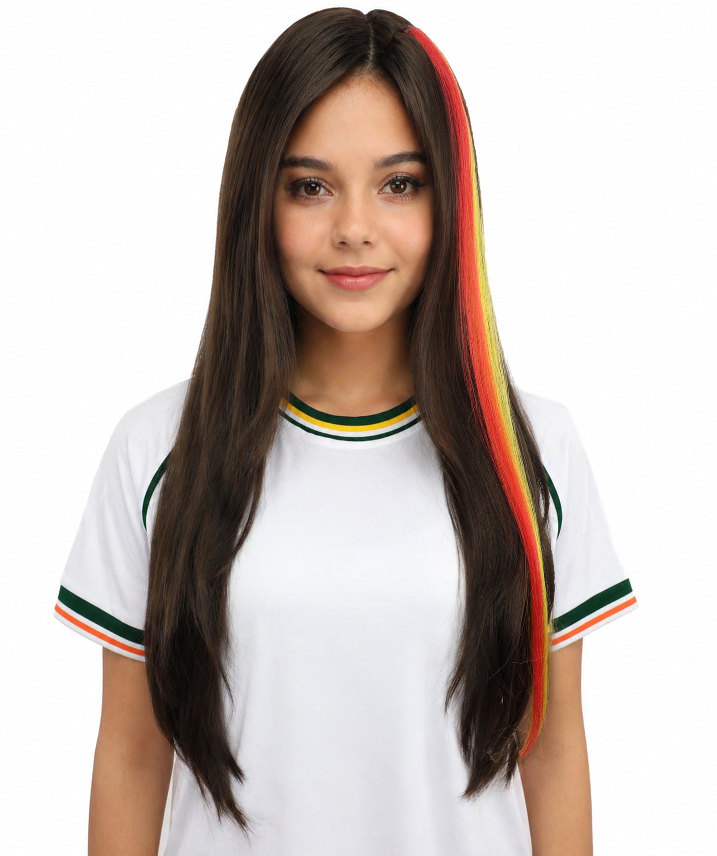 HPO Women's Spanish Clip-in Hair Extension | Sleek straight red and yellow synthetic fibers featuring a secure snap attachment | Ideal for party, Halloween, cosplay, theater, drag, performance, costume events