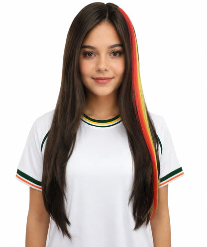 HPO Women's Spanish Clip-in Hair Extension | Sleek straight red and yellow synthetic fibers featuring a secure snap attachment | Ideal for party, Halloween, cosplay, theater, drag, performance, costume events
