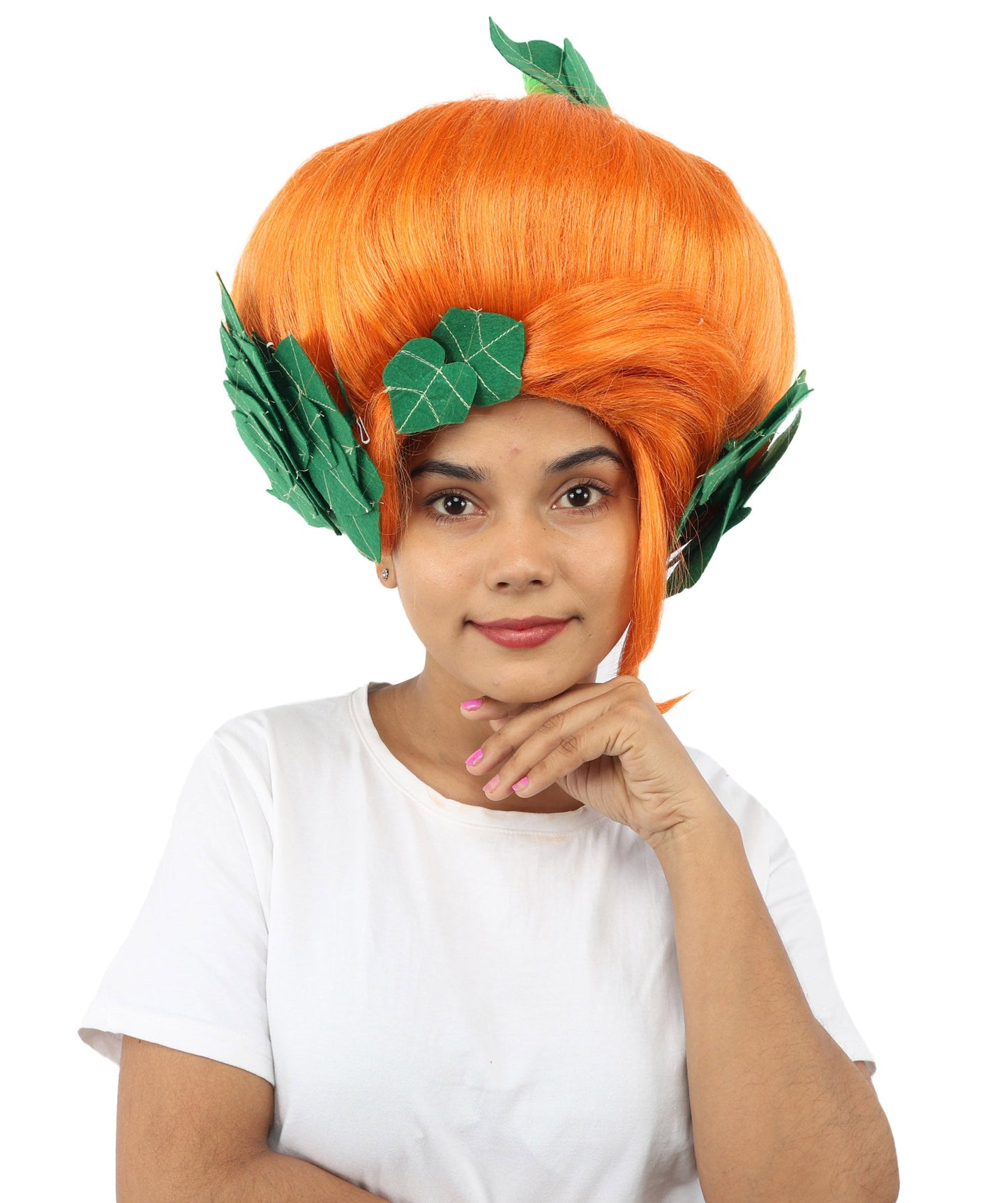 HPO Adult Women's Sculpted Pumpkin Show Wig | Multiple Color Options | Create of synthetic fiber, massive spherical updo with green leaf accents, breathable base | Halloween, theater, drag, performance, party, costume events