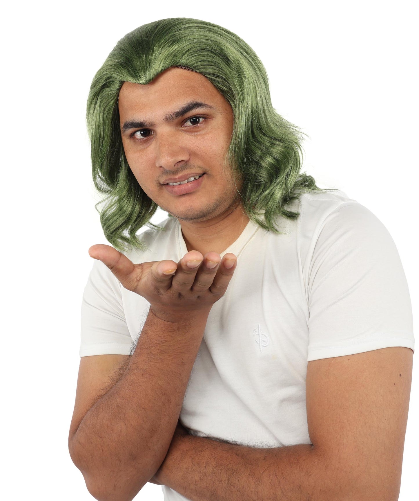 HPO Long Length Olive Green Cosplay Wig – Adult Styled Costume Wavy Hairpiece - Ideal for Halloween, Parties & Photo Shoots