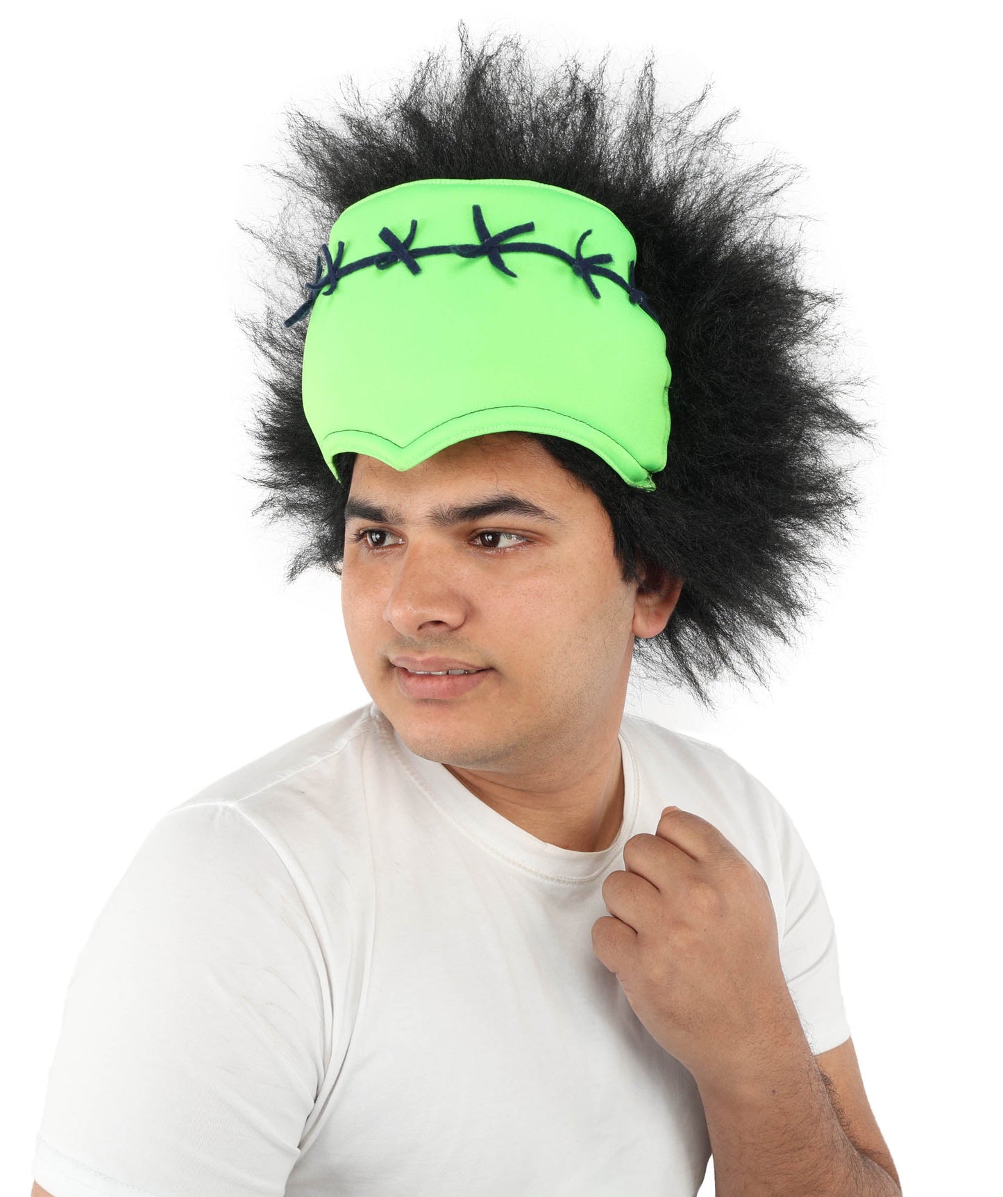 Monster Wig | Green Forehead and Spiky Black Hair for Adult | Ideal for Halloween & Cosplay