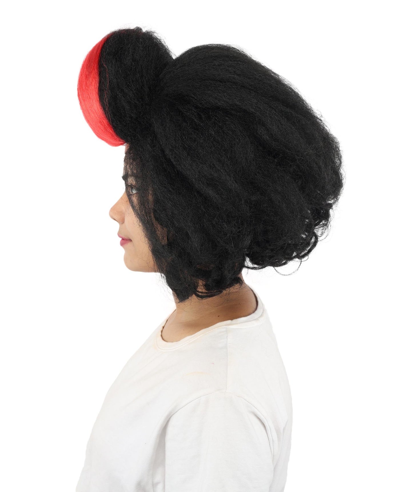 Adult Women’s Long Curly Black & Red Retro Wig | Flame-Retardant Costume Wig with Breathable Cap | Ideal for Halloween, Cosplay & Themed Events