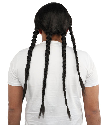 HPO Men’s Extra Long Black Braided Wig - 26” Braids with Adjustable Capless Cap | Flame-Retardant Synthetic Hair for Halloween, Rock Events, Stage & Festival Costumes