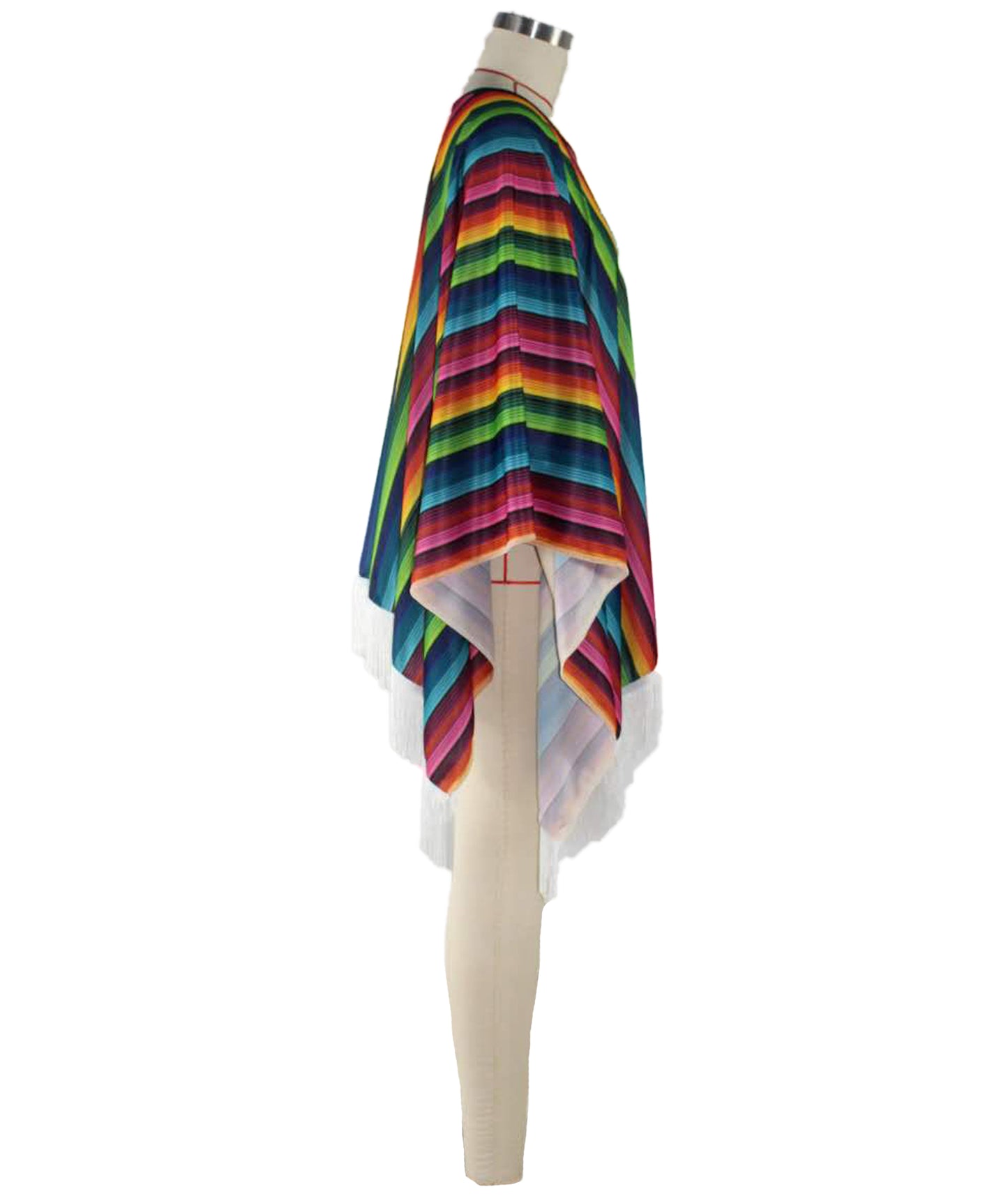 HPO Men's Traditional Serape Outfit | Multicolored Striped Jersey Cape Tassel Fringe Hemline Loose Pullover Layer | Halloween Cosplay Theater Drag Performance Costume Events