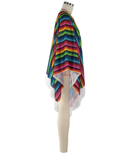 HPO Men's Traditional Serape Outfit | Multicolored Striped Jersey Cape Tassel Fringe Hemline Loose Pullover Layer | Halloween Cosplay Theater Drag Performance Costume Events