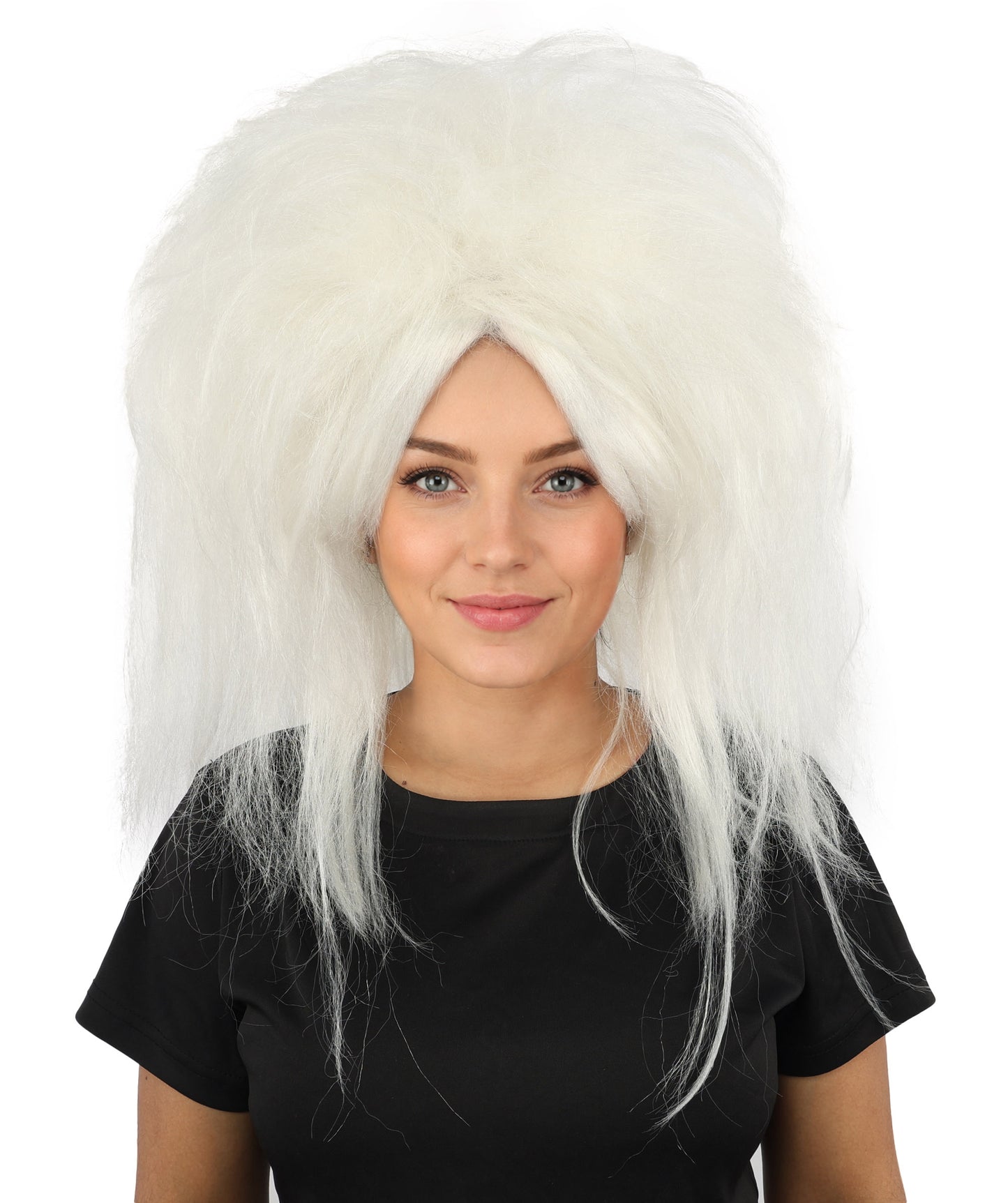HPO Women's Wild Frizzy Wig | Pure white, created of flame-retardant synthetic fiber, massive teased volume, capless base | Drag, Halloween, theatrical performance, costume events
