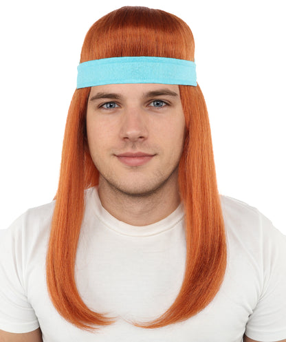 HPO Men's Long Auburn Wig with Headband | Straight Reddish Texture with Blunt Bangs & Included Teal Band, Heat Resistant Fiber | Halloween, Troll Roleplay, Fantasy Party, Carnival & Theater