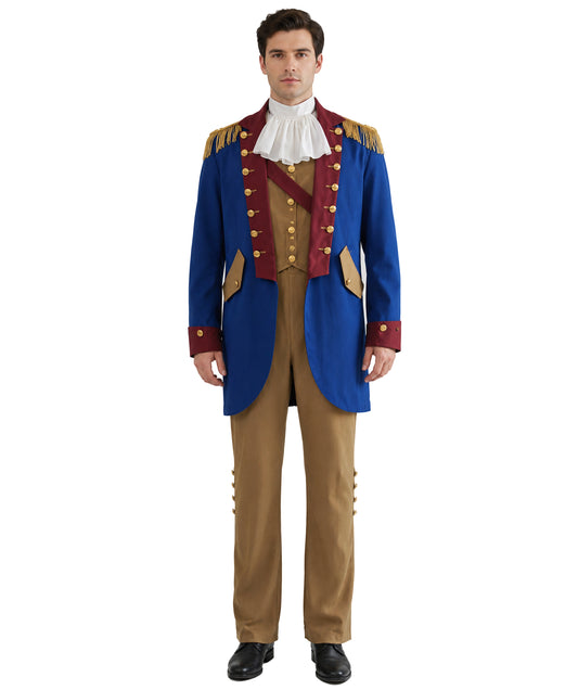 HPO Adult and Teen Men USA Founding Father Costume Set - Colonial General Jacket Top Pants White Collar for Halloween Cosplay Outfit