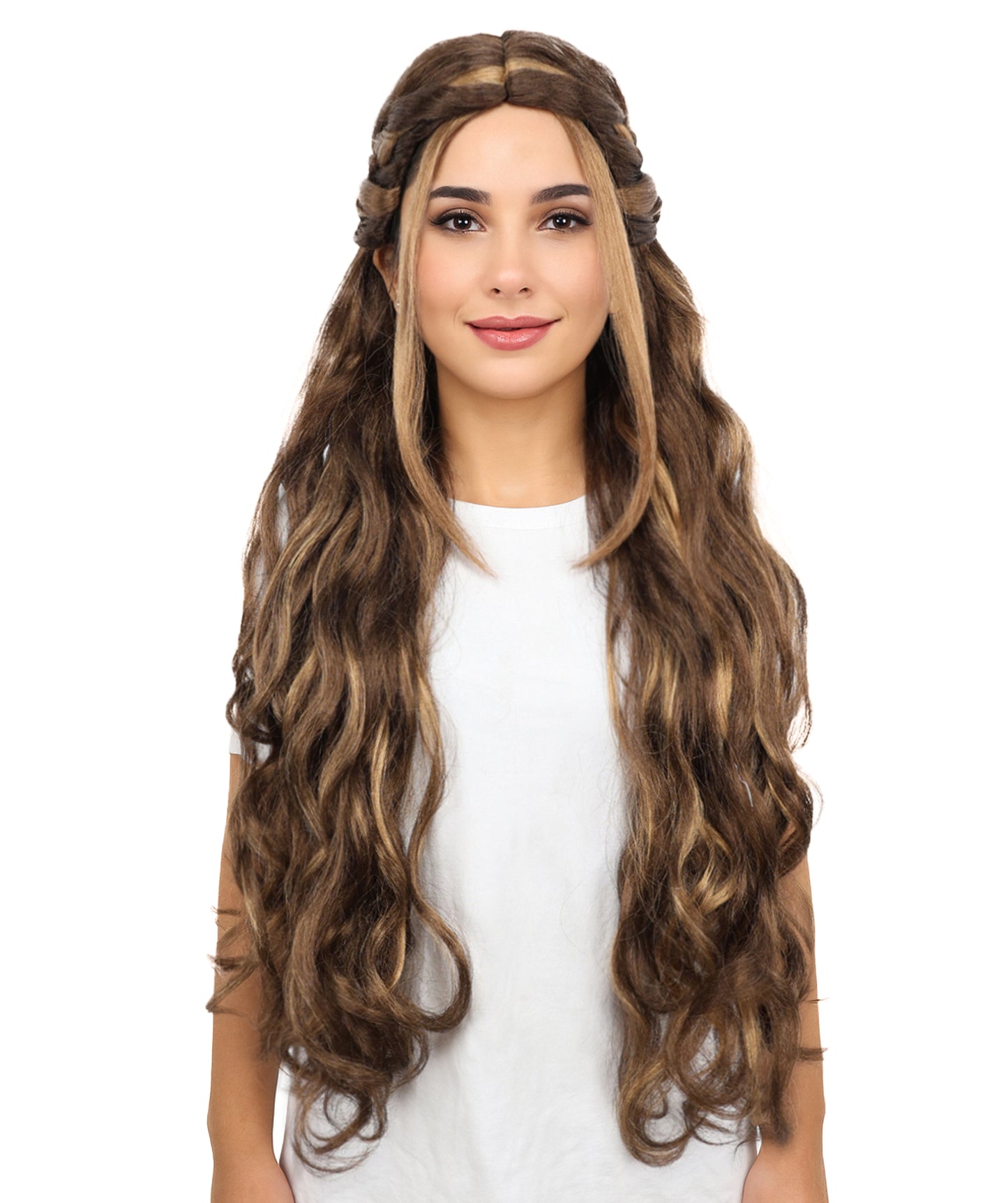 HPO Women's Brunette Braided Wig | Extra Long Synthetic Hairpiece with Adjustable Cap for Cosplay, Halloween, Parties, Stage & Roleplay