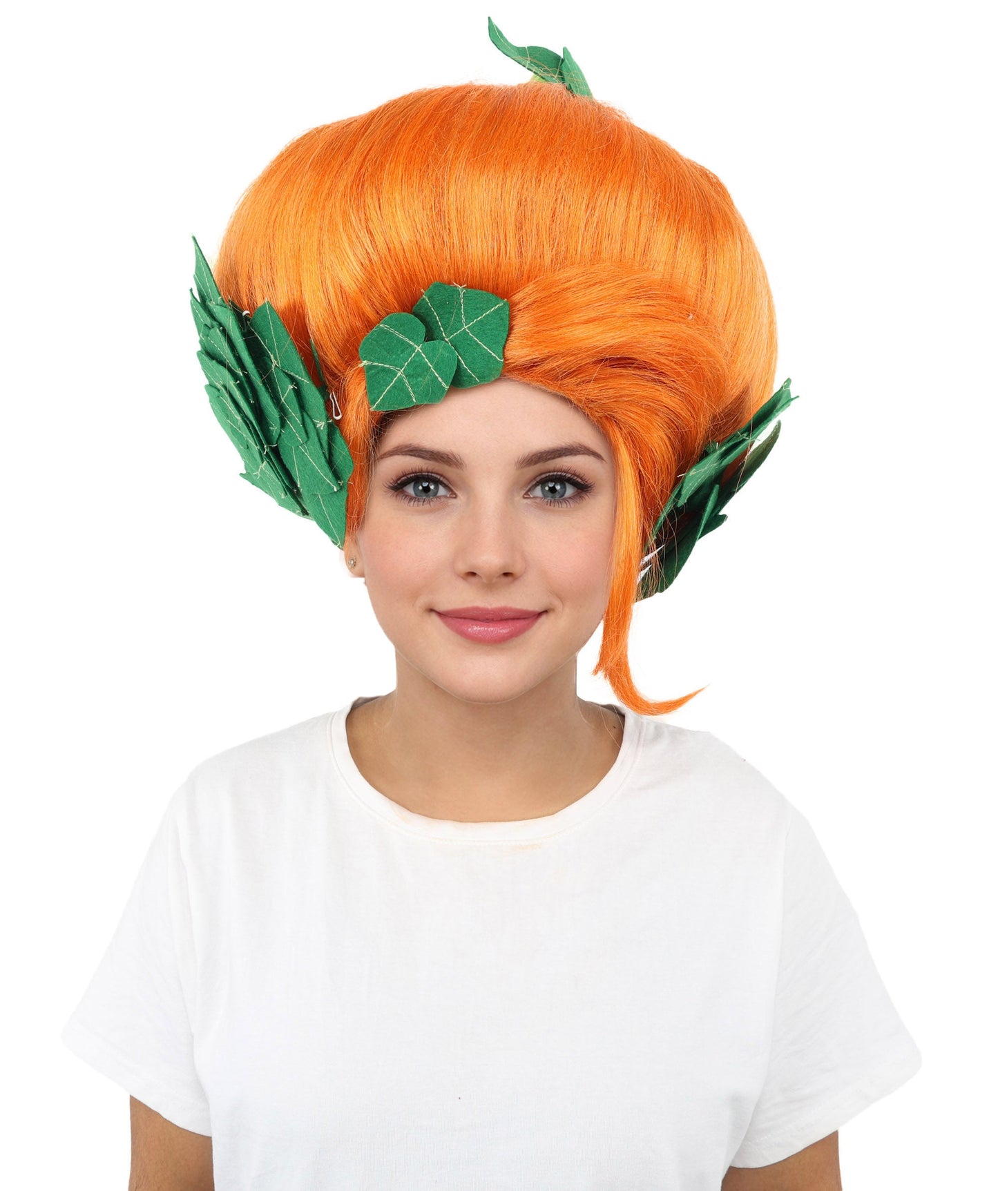 HPO Adult Women's Sculpted Pumpkin Show Wig | Multiple Color Options | Create of synthetic fiber, massive spherical updo with green leaf accents, breathable base | Halloween, theater, drag, performance, party, costume events