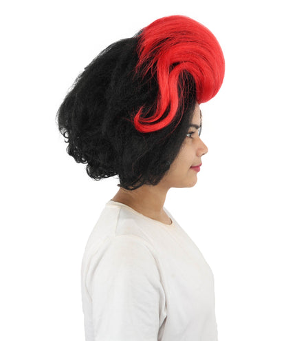 Adult Women’s Long Curly Black & Red Retro Wig | Flame-Retardant Costume Wig with Breathable Cap | Ideal for Halloween, Cosplay & Themed Events