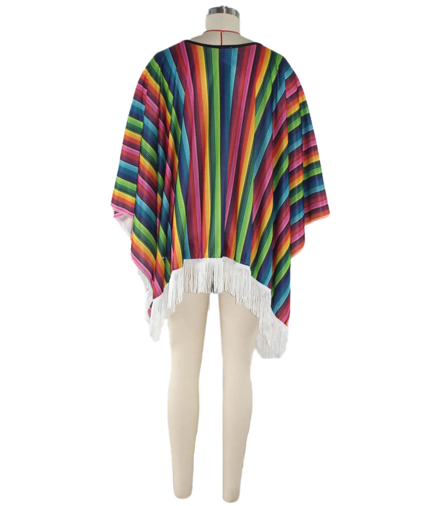 HPO Men's Traditional Serape Outfit | Multicolored Striped Jersey Cape Tassel Fringe Hemline Loose Pullover Layer | Halloween Cosplay Theater Drag Performance Costume Events
