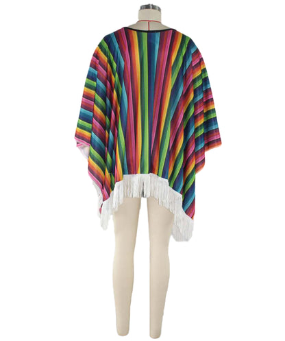 HPO Men's Traditional Serape Outfit | Multicolored Striped Jersey Cape Tassel Fringe Hemline Loose Pullover Layer | Halloween Cosplay Theater Drag Performance Costume Events