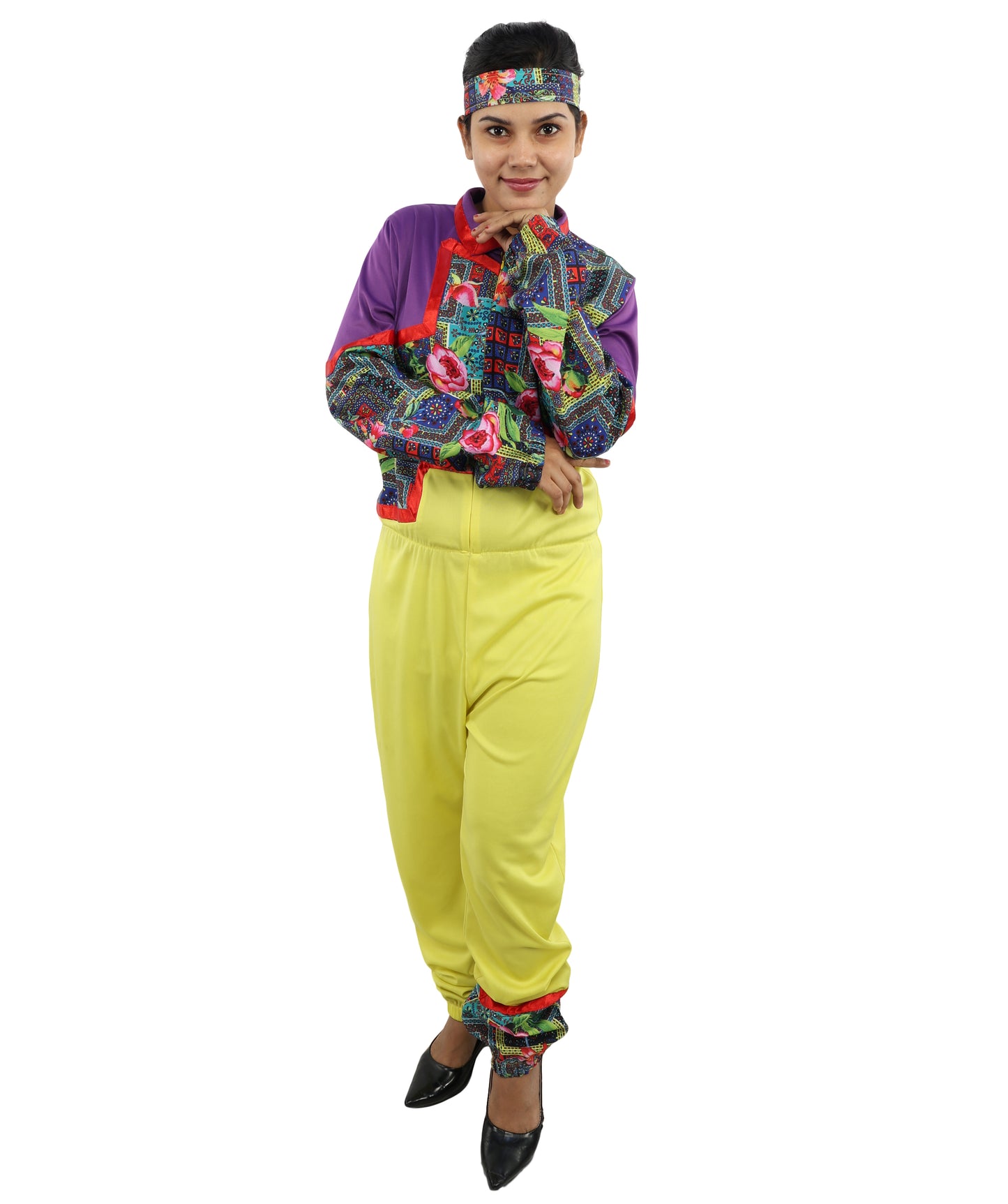 HPO Women’s 80s Tracksuit Multicolor Costume – Retro Zip Up Top & Pants with Headband | Party Outfit for Cosplay & Themed Events