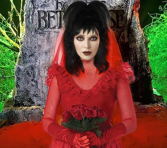HPO Women’s Gothic Bride Crazy Ghost Film Black Wig with Bangs, Perfect for Halloween, Flame-retardant Synthetic Fiber