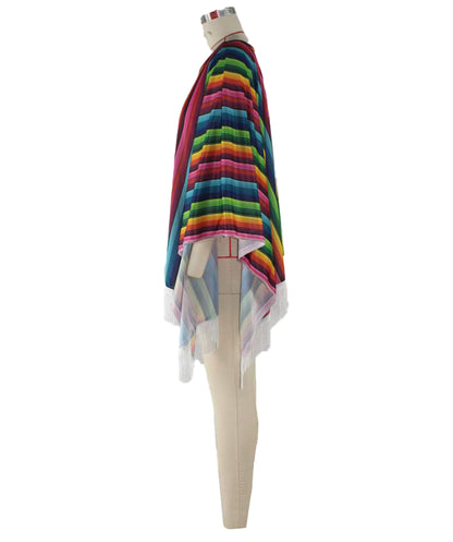 HPO Men's Traditional Serape Outfit | Multicolored Striped Jersey Cape Tassel Fringe Hemline Loose Pullover Layer | Halloween Cosplay Theater Drag Performance Costume Events