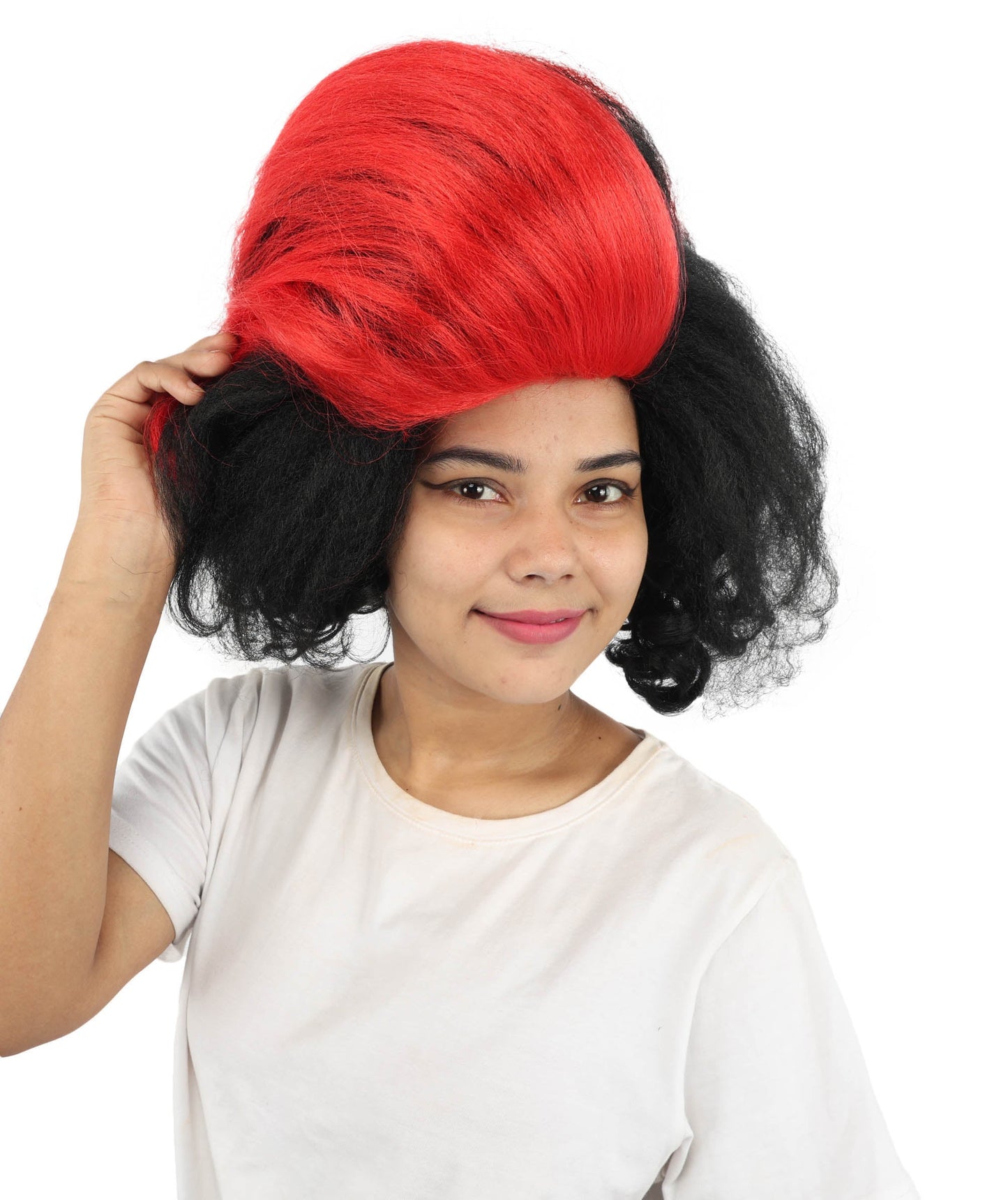 Adult Women’s Long Curly Black & Red Retro Wig | Flame-Retardant Costume Wig with Breathable Cap | Ideal for Halloween, Cosplay & Themed Events