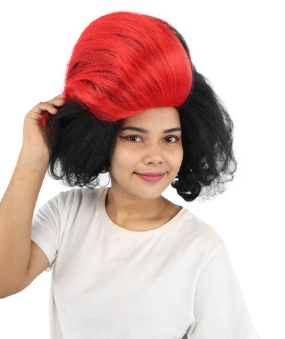 Adult Women’s Long Curly Black & Red Retro Wig | Flame-Retardant Costume Wig with Breathable Cap | Ideal for Halloween, Cosplay & Themed Events