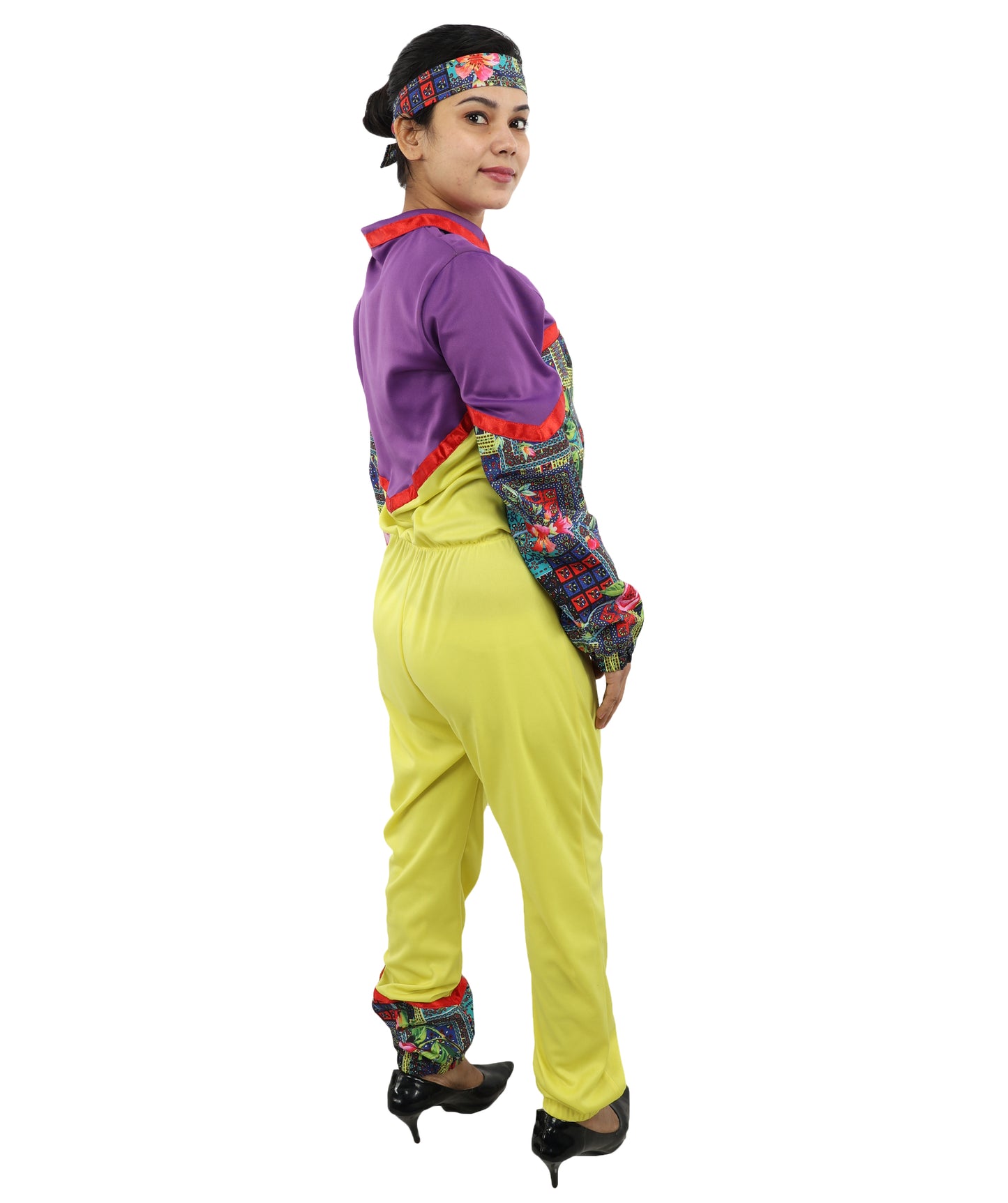 HPO Women’s 80s Tracksuit Multicolor Costume – Retro Zip Up Top & Pants with Headband | Party Outfit for Cosplay & Themed Events