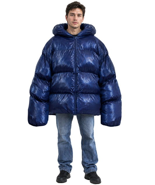 HPO Adult Oversized Puffer Jacket Costume with High Padded Collar - Dark Blue Quilted Coat with High Padded Collar Long Sleeves and Rounded Bubble Shape for Halloween Cosplay Events