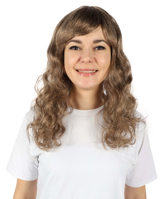 Adult Women’s Glamorous Long Ash Brown Wavy Wig with Bangs | Halloween and Cosplay Wig | Flame-retardant Synthetic Fiber