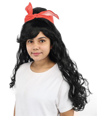 HPO Women’s Black Retro Beehive Wig with Red Bow | Extra Long Wavy Fancy Dress Accessory | Fancy Dress Accessory | Celebrity-Inspired Hair for Halloween, Cosplay & Music Tribute Parties