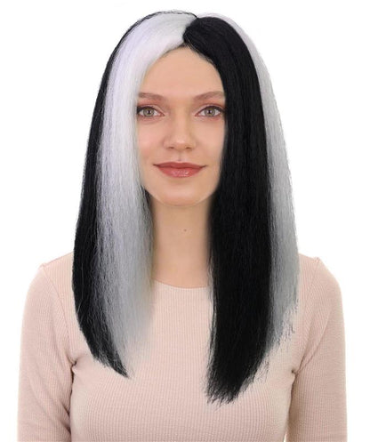 HPO Women’s Sinister-Inspired Long Black & White Wig | Dramatic Halloween Hairstyle | Breathable Capless Cap