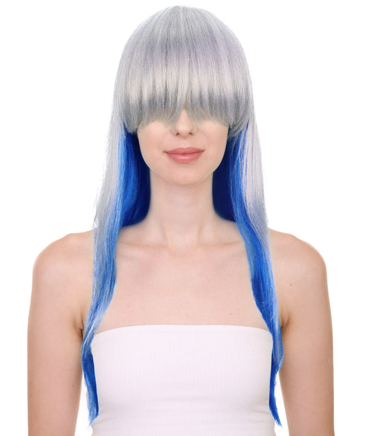 HPO Adult Women’s Long Wavy Silver and Blue Gradient Wig  | Flame-retardant Synthetic Fiber | Flipped Ends Wig for Halloween and Cosplay