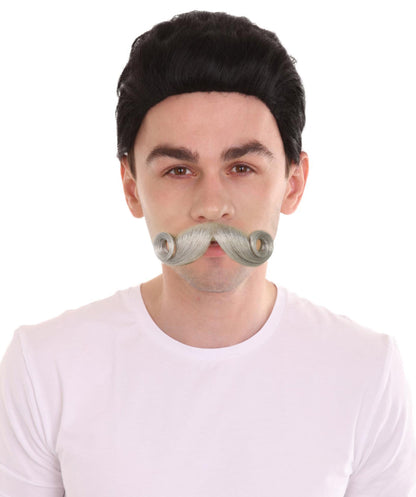 Men’s Grey Theatrical Curled Handlebar Mustache | Cosplay Facial Hair | Perfect for Halloween