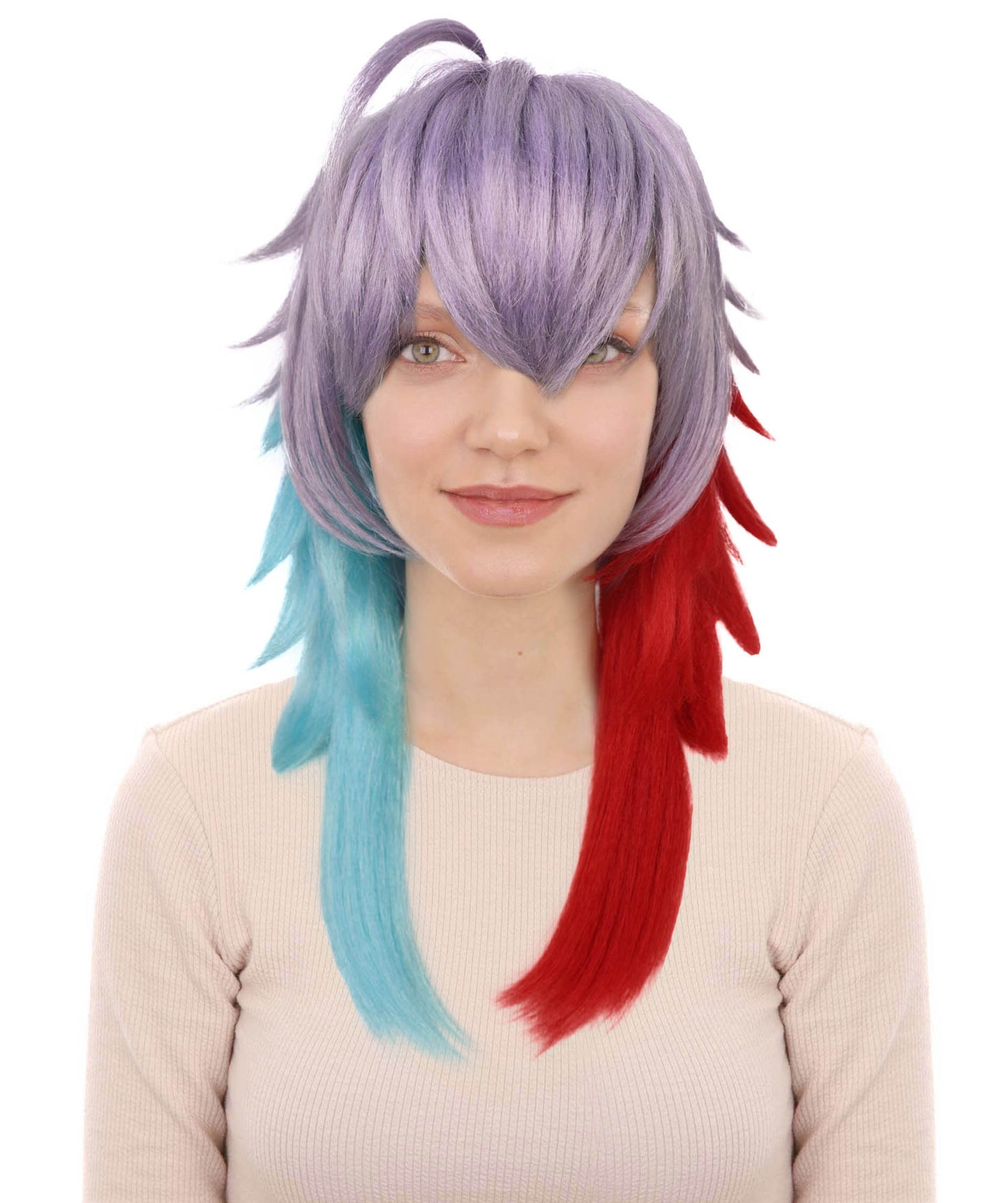 HPO Adult Women’s Anime-Inspired Gradient Cosplay Wig | Two-Tone Red & Blue Ombre Tips with Layered Silver Base | Ideal for Halloween and Cosplay