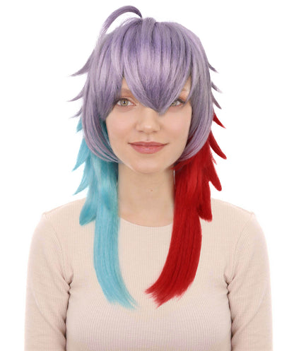 HPO Adult Women’s Anime-Inspired Gradient Cosplay Wig | Two-Tone Red & Blue Ombre Tips with Layered Silver Base | Ideal for Halloween and Cosplay