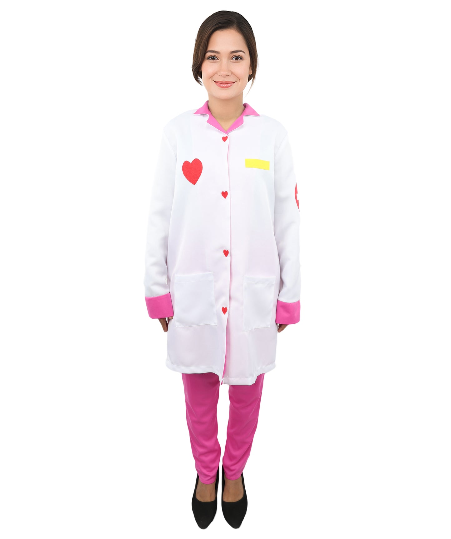 HPO Women’s Healthcare Roleplay White & Pink Costume Set | Medical Theme Coat with Patches | Visual styling for Cosplay Events, Parties